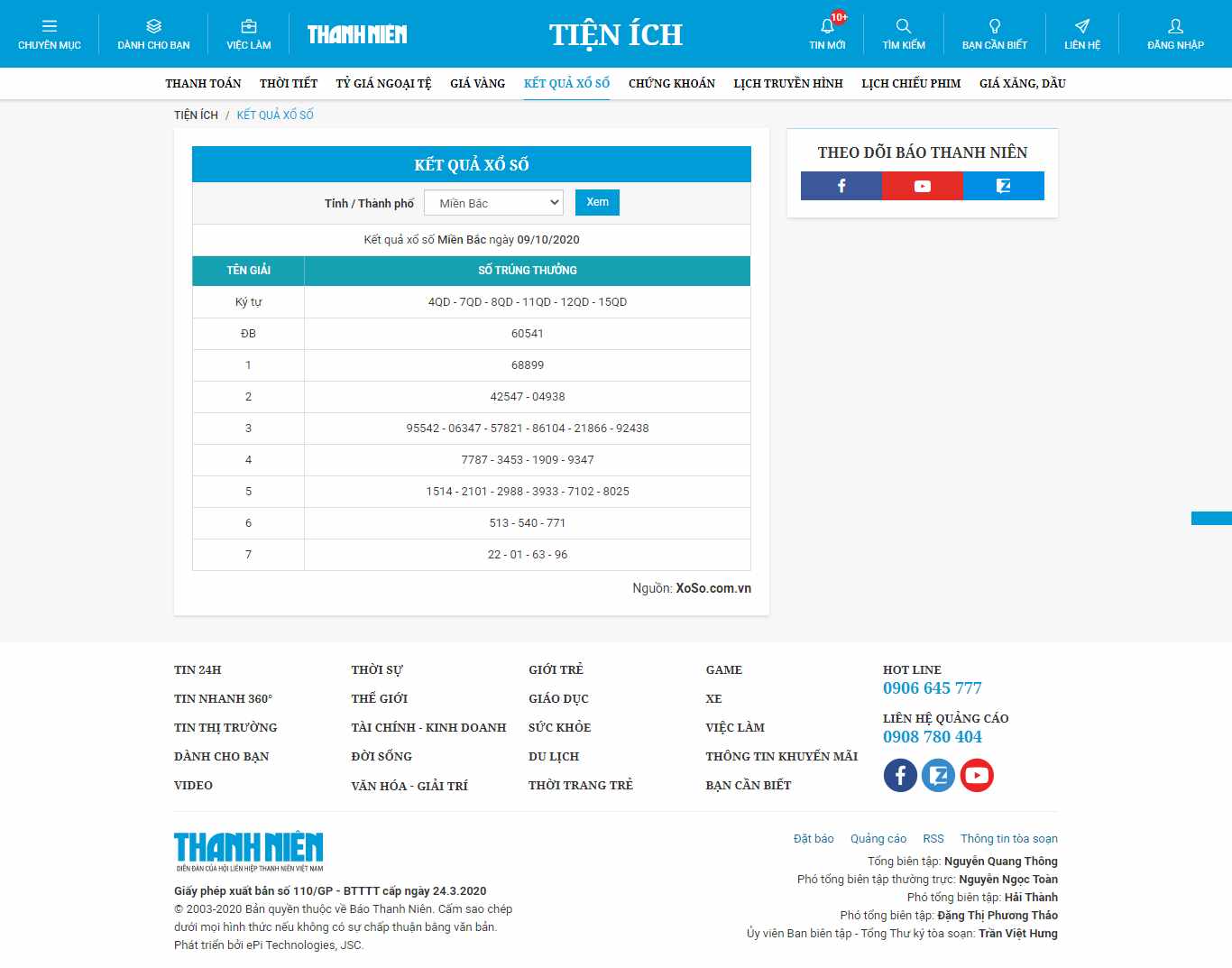 Thiết kế Website web lấy kết quả xổ số - thanhnienvn