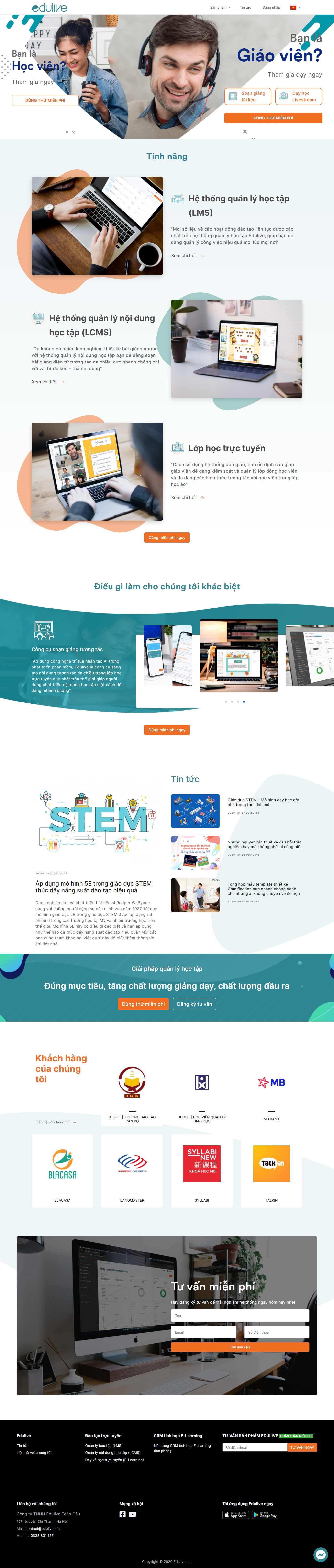 Thiết kế Website web quản lý lớp học - edulivenet