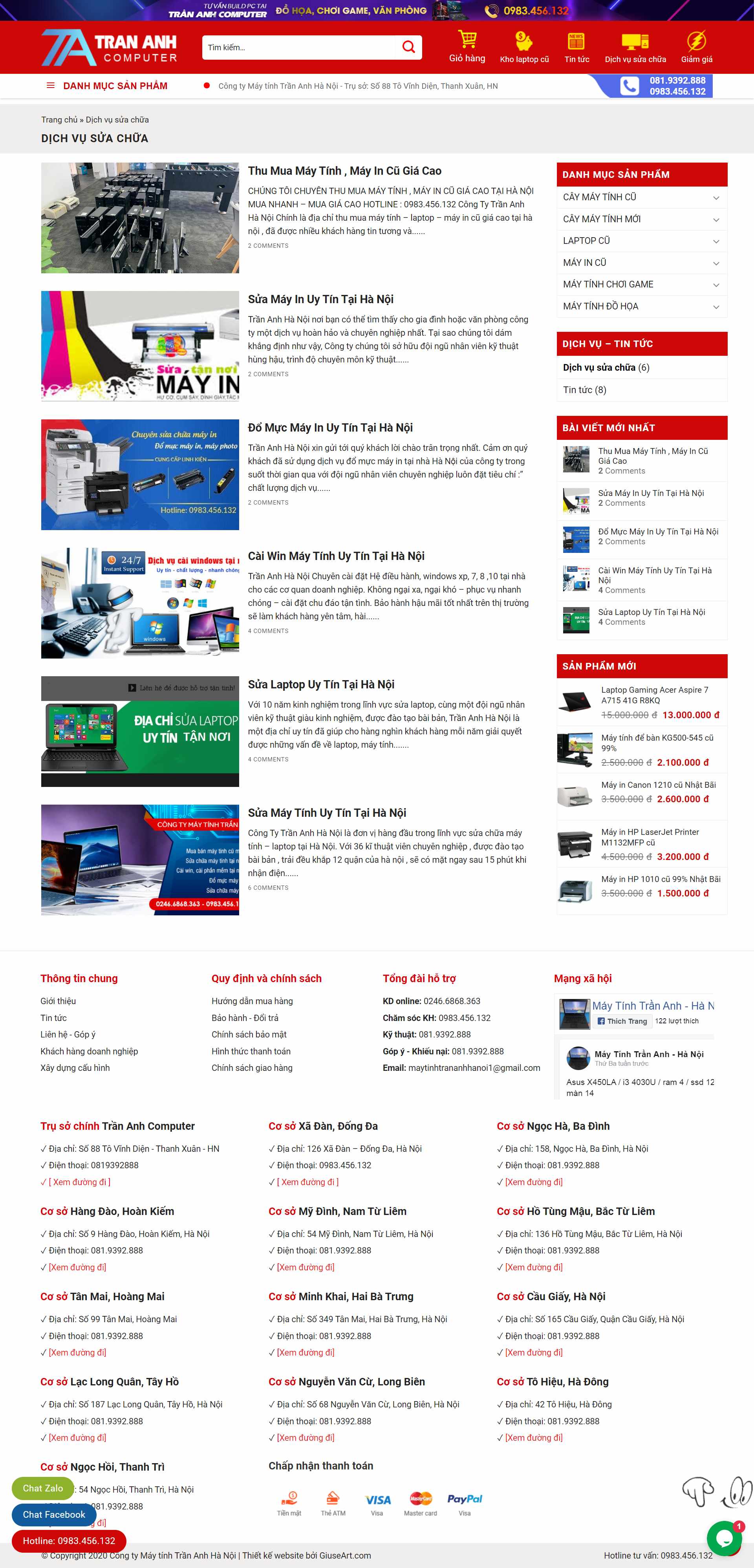 Thiết kế Website web sửa chữa laptop - trananhhanoicom