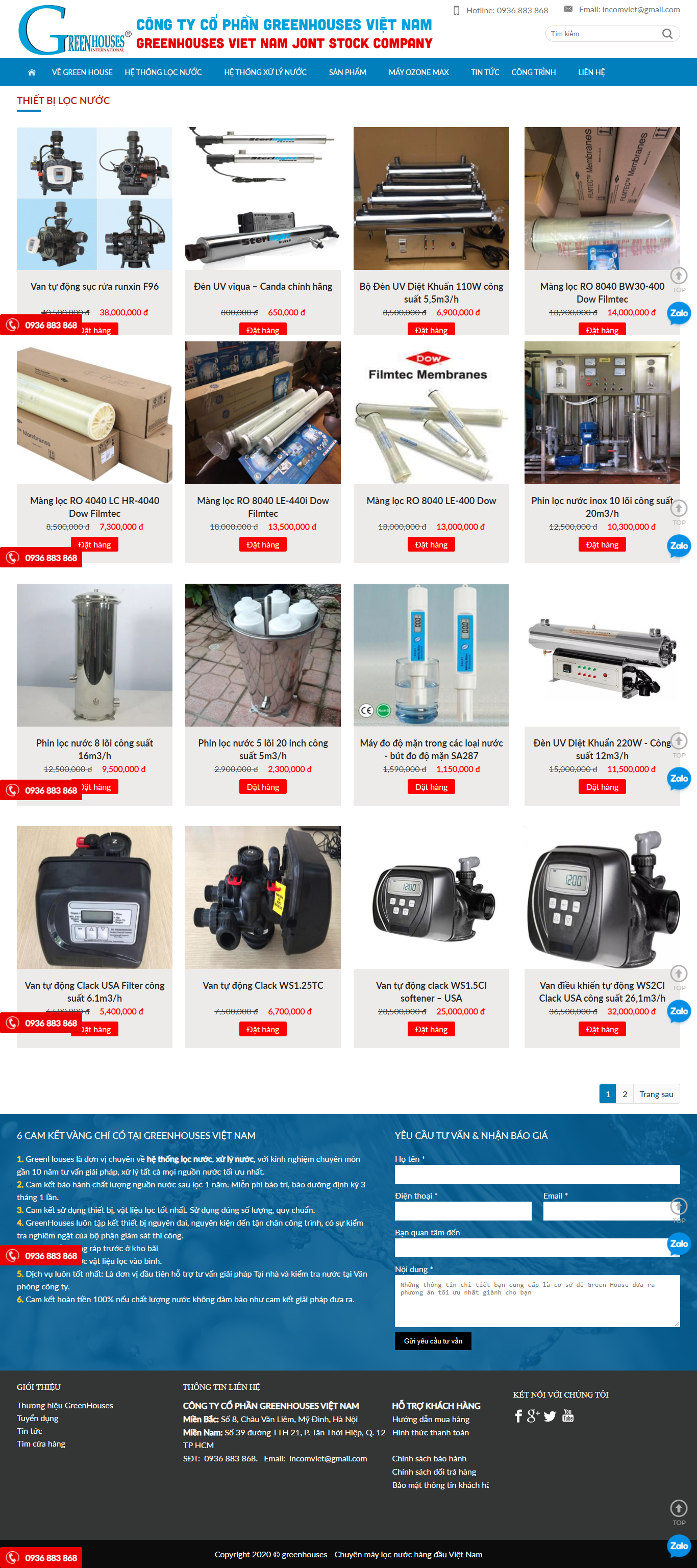 Thiết kế Website web thiết bị xử lọc nước - greenhousescomvn